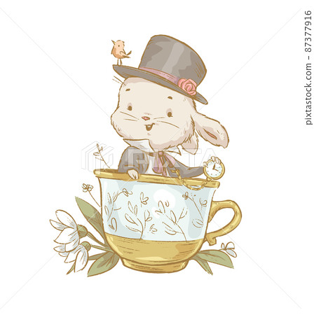 Vector spring illustration of cute bunny in top hat and suit with pocket watch sitting in huge tea cup isolated. Vector spring illustration of cute bunny in top hat and suit with pocket watch sitting in huge tea cup isolated. 87377916