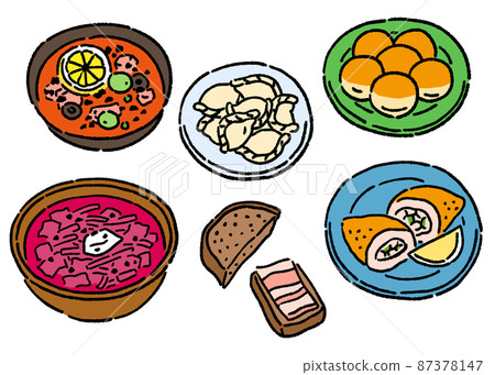 烏克蘭當地美食線描的矢量插圖集 烏克蘭當地美食線描的矢量插圖集 87378147