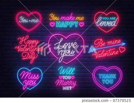 Happy Valentine's day neon quotes on brick wall background. Glowing Greeting Cards. 87378523