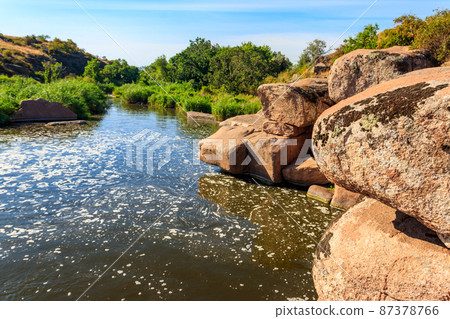 View of Tokovsky waterfalls on the Kamenka river in Dnipropetrovsk region, Ukraine 87378766