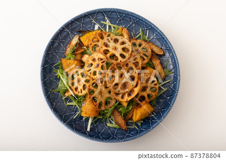 蓮藕片和油炸蔬菜沙拉 87378804