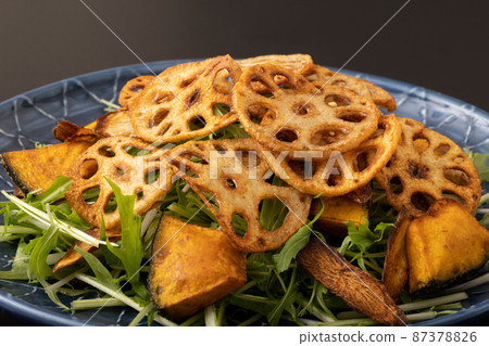 蓮藕片和油炸蔬菜沙拉 蓮藕片和油炸蔬菜沙拉 87378826