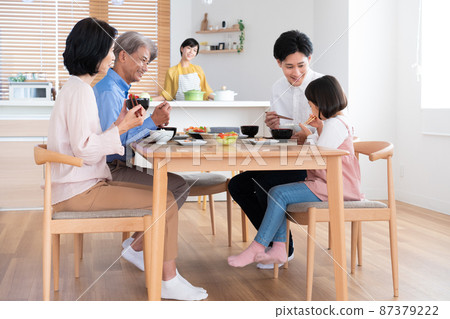 Meal with a family of three generations Meal with a family of three generations 87379222