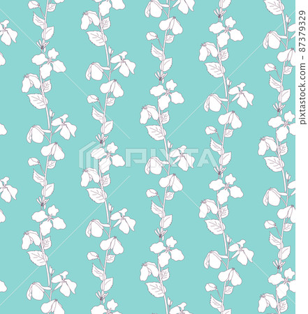 Illustration of fashionable seamless pattern of line drawing lined with spring flowers Blue green 87379329