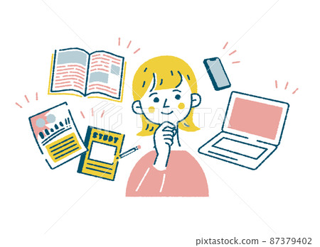 女性在個人電腦、智能手機、書籍等上收集信息的淺色矢量插圖。 87379402