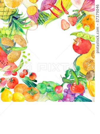 Watercolor illustrations, green and yellow vegetables, fruits 87379846