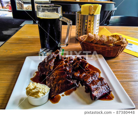 Mug of beer and plate of grilled pork ribs in Prague, Czech Repu Mug of beer and plate of grilled pork ribs in Prague, Czech Repu 87380448