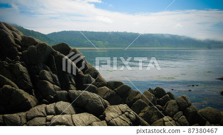 Column basalts formation of Stolbchaty cape at Kunashir, kuril islands, Russia 87380467