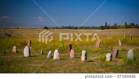 Kurgan stelae aka Balbals near the Berana tower, Tokmok,Chuy Valley Kyrgyzstan Kurgan stelae aka Balbals near the Berana tower, Tokmok,Chuy Valley Kyrgyzstan 87380486