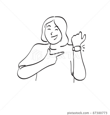 line art woman with smile pointing watch on her wrist illustration vector hand drawn isolated on white background 87380773