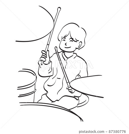 line art closeup young boy playing drum set illustration vector hand drawn isolated on white background 87380776