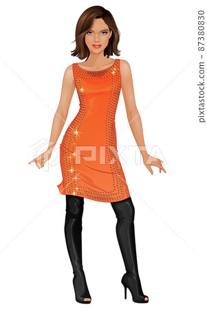 Vector fashion young woman in orange dress and black over-knee high heel boots 87380830