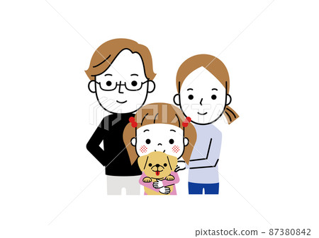 一個抱著小狗的女孩,一個父親和一個母親,一個愛狗的家庭。 一個抱著小狗的女孩,一個父親和一個母親,一個愛狗的家庭。 87380842