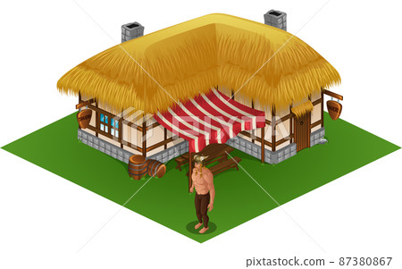 Isometric viking man in front of tavern with terrace and barrels Isometric viking man in front of tavern with terrace and barrels 87380867