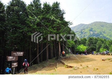 伊勢原市、大山步道觀景台、新綠色、路標和登山者 伊勢原市、大山步道觀景台、新綠色、路標和登山者 87382055