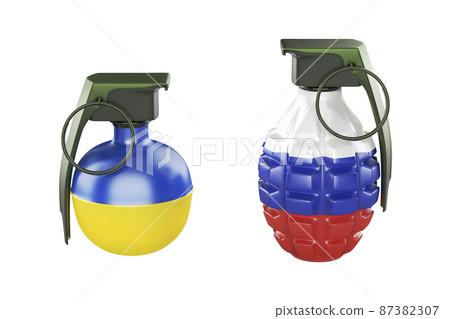 Grenades with the colors of Ukrainian and Russian flags Grenades with the colors of Ukrainian and Russian flags 87382307