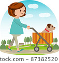 Dog walk: A dog riding a pet cart 87382520