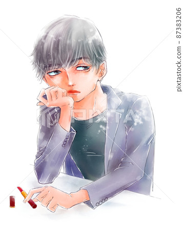 Young man wearing a cheek stick / lipstick Young man wearing a cheek stick / lipstick 87383206