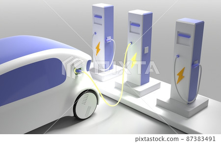 Electric car on charging station with plug in glow cable. Future vehicle on ev refueling service, eco energy fuel selling for city auto, 3d render illustration. Hybrid automobile at battery charger 87383491