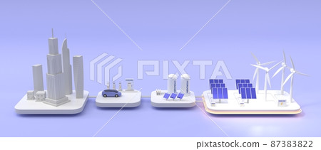 Renewable energy industry with wind turbines, solar panels, hydrogen storage tanks and battery. Eco green city with electric car on charger station. Isometric 3d mockup smart grid system Renewable energy industry with wind turbines, solar panels, hydrogen storage tanks and battery. Eco green city with electric car on charger station. Isometric 3d mockup smart grid system 87383822
