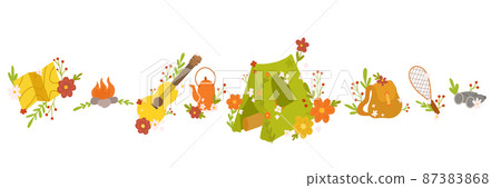 Vector set of travel camp. Bright childrens kit of hiking. Horizontal collection with tent, backpack with floral decoration. Summer active rest 87383868