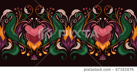 Vector seamless border with vintage floral ornament. Baroque frame with flowers and foliage on a dark background. Vector seamless border with vintage floral ornament. Baroque frame with flowers and foliage on a dark background. 87383876