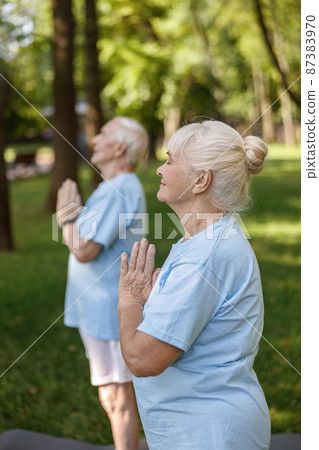 Happy senior woman holds hands in namaste doing yoga with husband in park 87383970