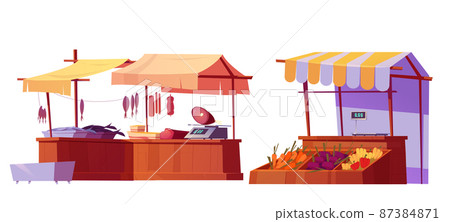 Outdoor farm market stalls, wooden fair booths 87384871