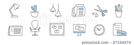 Office supplies or stuff doodle icons isolated set Office supplies or stuff doodle icons isolated set 87384874