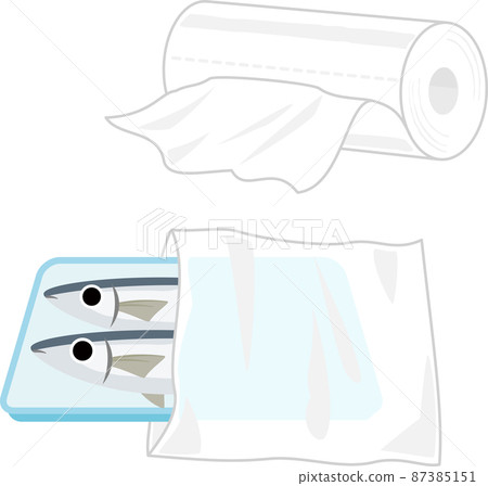 A plastic bag containing a roll of plastic bag and a packed fish 87385151
