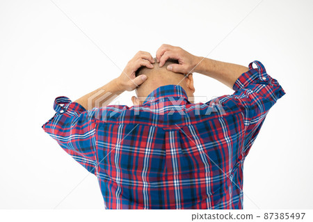 Worried senior man back view skinhead Worried senior man back view skinhead 87385497