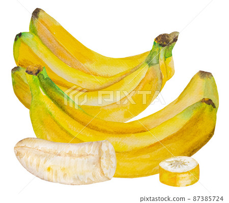 Watercolor yellow ripe bananas. Whole and pieces of banana tropical fruit illustration 87385724