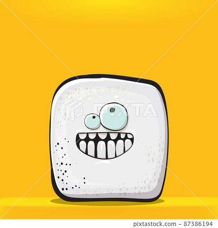 Vector Cartoon sugar cartoon characters isolated on orange background. funky sweet sugar cube character with eyes and mouth. funky food character Vector Cartoon sugar cartoon characters isolated on orange background. funky sweet sugar cube character with eyes and mouth. funky food character 87386194