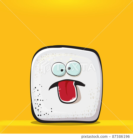 Vector Cartoon sugar cartoon characters isolated on orange background. funky sweet sugar cube character with eyes and mouth. funky food character Vector Cartoon sugar cartoon characters isolated on orange background. funky sweet sugar cube character with eyes and mouth. funky food character 87386196