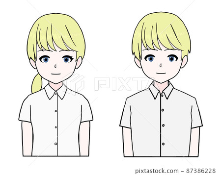 Blonde blue-eyed men and women in short-sleeved shirts Blonde blue-eyed men and women in short-sleeved shirts 87386228