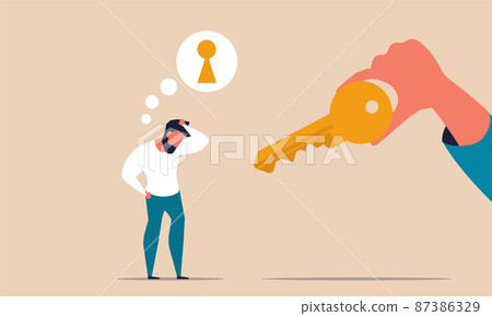 Key marketing and unlock solution to business. Finance exit and future motivation career vector illustration concept. Opportunity to solving problem and strategy think. Innovation market target 87386329