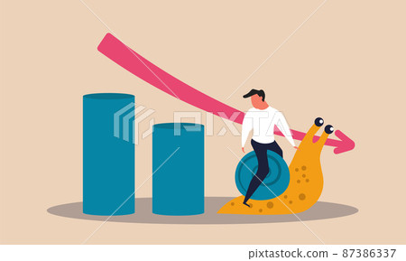Gdp slow forecast and slump economy. Slowdown arrow and decline estimation statistic trend vector illustration concept. Currency downturn and government investment loss. Business budget downturn snail Gdp slow forecast and slump economy. Slowdown arrow and decline estimation statistic trend vector illustration concept. Currency downturn and government investment loss. Business budget downturn snail 87386337