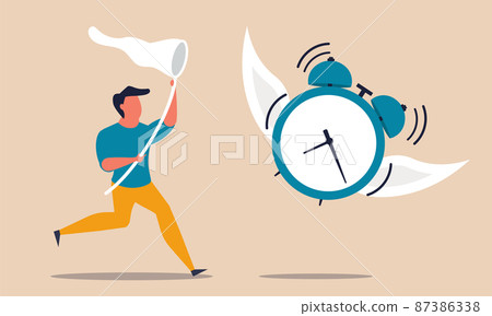 Waste time achievement and catch precious alarm clock. Management control and schedule work vector illustration concept. Organization task and business deadline chasing. Efficiency progress career 87386338