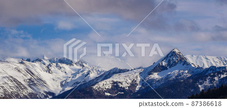 France, Ariege, Mountains Pyrenees, winter sports scene, skiers on the slopes France, Ariege, Mountains Pyrenees, winter sports scene, skiers on the slopes 87386618