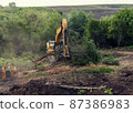 Yellow excavator with bucket clearing vegetation 87386983