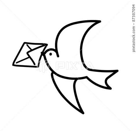 一隻攜帶信件的可愛小鳥的插圖(單色線條畫) 一隻攜帶信件的可愛小鳥的插圖(單色線條畫) 87387094