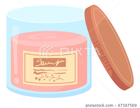 Cartoon cosmetic jar with open lid. Pink skin care product Cartoon cosmetic jar with open lid. Pink skin care product 87387569
