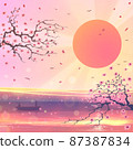 Magic sakura flowers over red sun with fields and lake water, beautiful Japanese nature landscape with sunrise, digital asian art in vector. 87387834