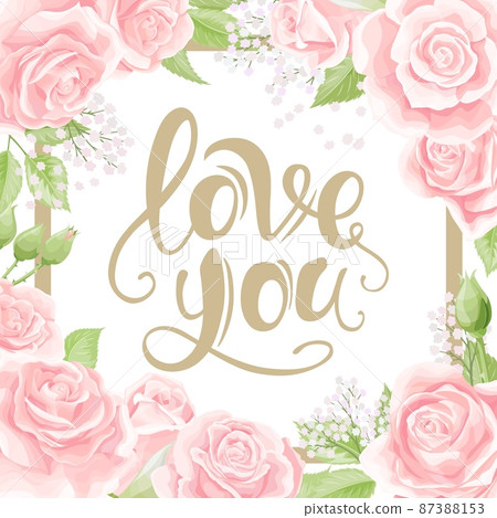 Vector frame with golden lettering, red rose flowers and leaves on white Vector frame with golden lettering, red rose flowers and leaves on white 87388153