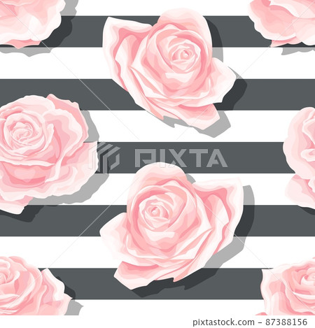 Pink roses seamless vector pattern with brushed horizontal stripes background 87388156