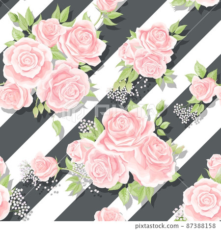 Pink roses seamless vector pattern with brushed stripes background 87388158