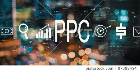 PPC - Pay per click concept with blurred city lights PPC - Pay per click concept with blurred city lights 87388454