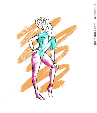 One woman in sportswear and pose of retro 80s aerobics, fashion sketch color illustration on neon One woman in sportswear and pose of retro 80s aerobics, fashion sketch color illustration on neon 87388883