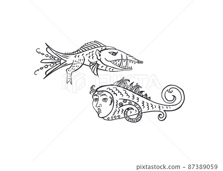 Medieval art of animals - middle ages aquatic beast fish, whale and shark Medieval art of animals - middle ages aquatic beast fish, whale and shark 87389059