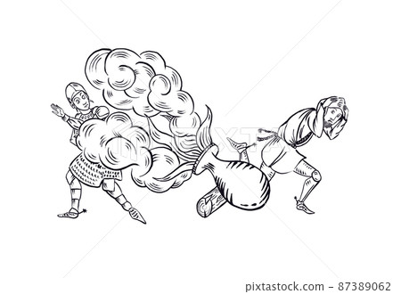 Medieval art of first cannon gun, soldier and warrior at war are scared as weapon fires smoke Medieval art of first cannon gun, soldier and warrior at war are scared as weapon fires smoke 87389062